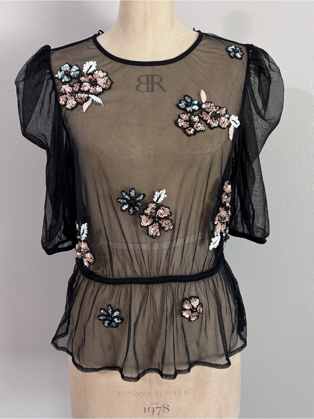 Anthropologie - Sheer Black Floral Appliqué Peplum Top size M, NWT